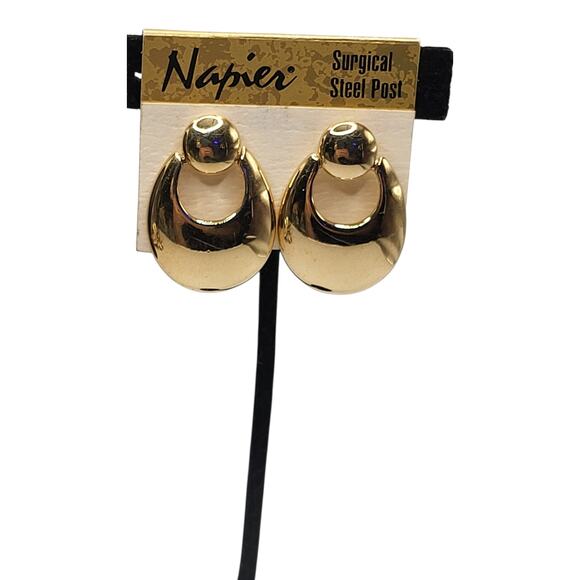 Vintage Napier Gold Tone Door Knocker Earrings On Card Surgical Steel Post - Picture 7 of 9